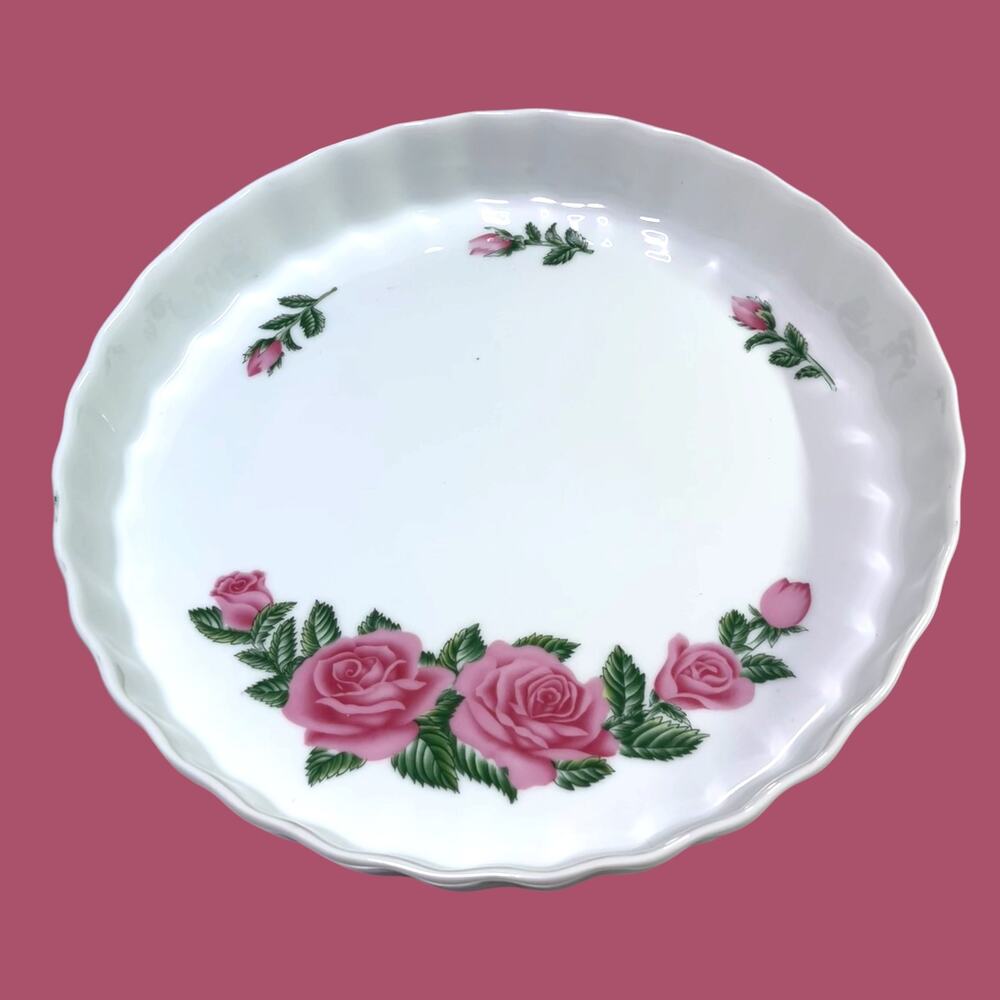 Christineholm Pink Rose Quiche Dish Pie Pan Ruffled Edge 9.25"